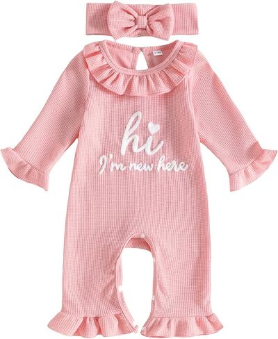 Infant Baby Girl Fall Outfit Romper Jumpsuits Newborn Waffle Clothes | Letter Embroidery Ruffle Trim Long Sleeve Crew Neck Bodysuits Cute Clothing in Kuwait
