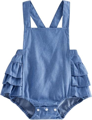 Baby Girl Denim Romper Summer Clothes Sleeveless Ruffled Overall Bodysuit Newborn One-Piece Sunsuit in Kuwait