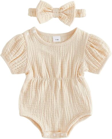 Newborn Baby Girls Summer Clothes Short Sleeve Bubble Romper Smocked Bodysuit Jumpsuit Headband One Piece Outfit in Kuwait