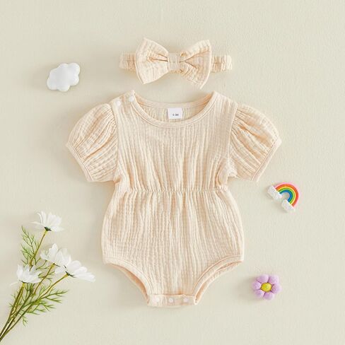 Newborn Baby Girls Summer Clothes Short Sleeve Bubble Romper Smocked Bodysuit Jumpsuit Headband One Piece Outfit in Kuwait