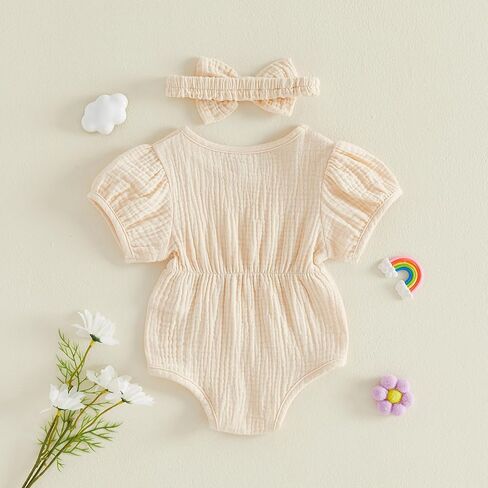 Newborn Baby Girls Summer Clothes Short Sleeve Bubble Romper Smocked Bodysuit Jumpsuit Headband One Piece Outfit in Kuwait
