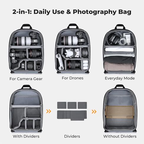 K&F CONCEPT Ultra Lightweight Camera Backpack, Camera Bag with Rain Cover | 2 Cameras+3-5 Lenses, 15.8in Laptop Compartment, with Rain Cover & Tripod Strap, Quick Access, for Canon/Sony/Nikon, B23 in Kuwait