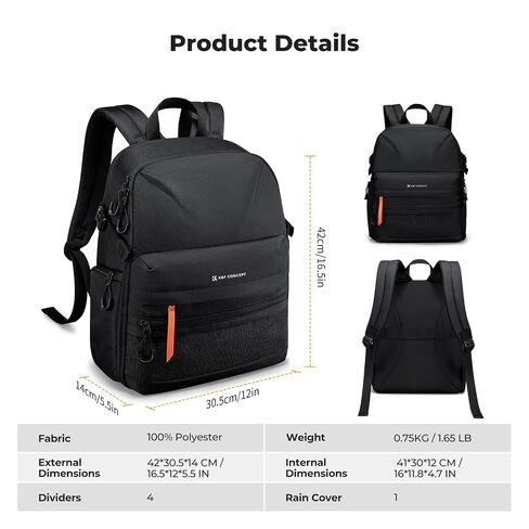 K&F CONCEPT Ultra Lightweight Camera Backpack, Camera Bag with Rain Cover | 2 Cameras+3-5 Lenses, 15.8in Laptop Compartment, with Rain Cover & Tripod Strap, Quick Access, for Canon/Sony/Nikon, B23 in Kuwait