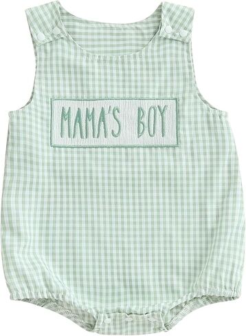 Mama's Boy Onesie Infant Baby Boy Gingham Romper Newborn Summer Overalls Embroidery Sleeveless Bubble Bodysuit in Kuwait
