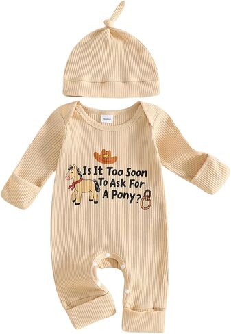 Newborn Western Baby Boy Clothes Cowboy Outfit Pony Long Sleeve Romper Rib Knit Jumpsuit Hat Fall Going Home Outfit in Saudi Arabia