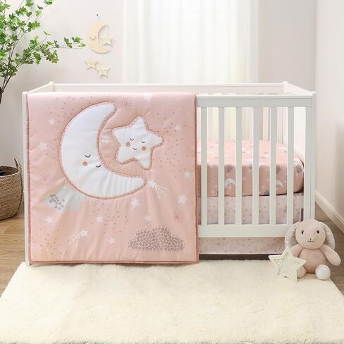 The Peanutshell New Moon 3-Piece Baby Girl Crib Bedding Set - Pink Nursery Quilt Comforter, Sheet & Skirt - Baby Crib Bedding Set Girl for Newborn & Toddler in Kuwait