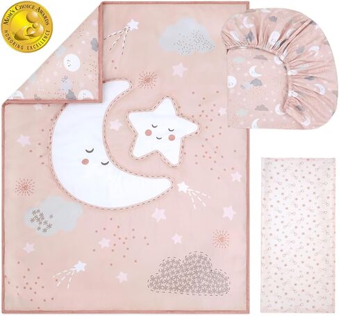The Peanutshell New Moon 3-Piece Baby Girl Crib Bedding Set - Pink Nursery Quilt Comforter, Sheet & Skirt - Baby Crib Bedding Set Girl for Newborn & Toddler in Kuwait