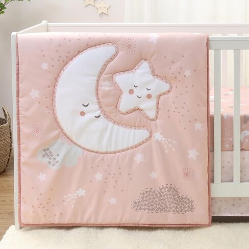 The Peanutshell New Moon 3-Piece Baby Girl Crib Bedding Set - Pink Nursery Quilt Comforter, Sheet & Skirt - Baby Crib Bedding Set Girl for Newborn & Toddler in Kuwait