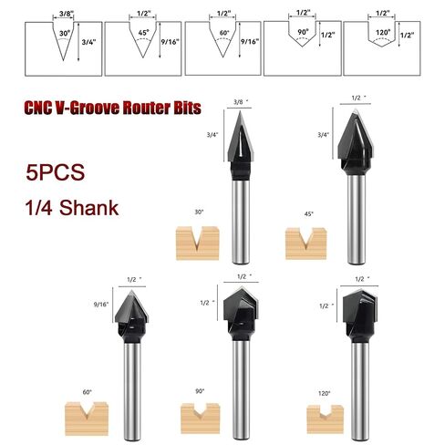 5-Piece CNC V-Groove Router Bits Set 1/4 Inch Shank, 30° 45° 60° 90° 120° 2-Flute Carbide-Tipped Grooving Bits, for Woodworking, Engraving, Carving in Kuwait