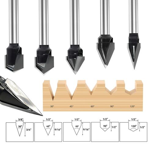 5-Piece CNC V-Groove Router Bits Set 1/4 Inch Shank, 30° 45° 60° 90° 120° 2-Flute Carbide-Tipped Grooving Bits, for Woodworking, Engraving, Carving in Kuwait