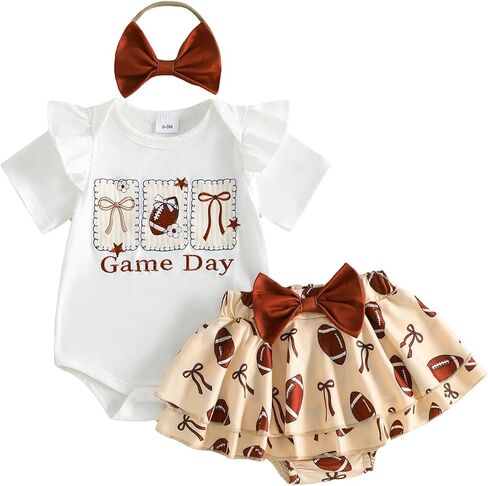 Newborn Baby Girl Football Outfit Game Day Rugby Romper Skirt Set | Ruffle Short Sleeve Crewneck Letter Embroidery Jumpsuit Print Layered Bow Shorts With Headhand 3pcs Infant Summer Clothes in Kuwait
