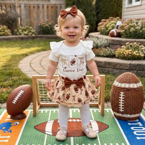 Newborn Baby Girl Football Outfit Game Day Rugby Romper Skirt Set | Ruffle Short Sleeve Crewneck Letter Embroidery Jumpsuit Print Layered Bow Shorts With Headhand 3pcs Infant Summer Clothes in Kuwait