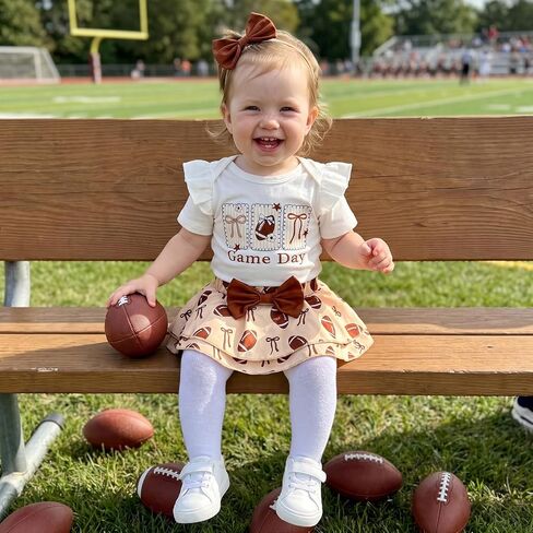 Newborn Baby Girl Football Outfit Game Day Rugby Romper Skirt Set | Ruffle Short Sleeve Crewneck Letter Embroidery Jumpsuit Print Layered Bow Shorts With Headhand 3pcs Infant Summer Clothes in Kuwait