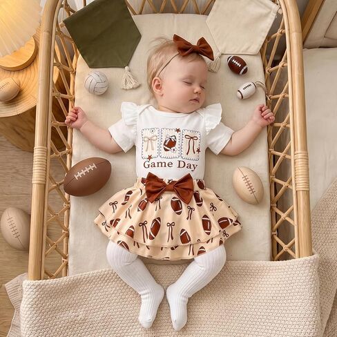 Newborn Baby Girl Football Outfit Game Day Rugby Romper Skirt Set | Ruffle Short Sleeve Crewneck Letter Embroidery Jumpsuit Print Layered Bow Shorts With Headhand 3pcs Infant Summer Clothes in Kuwait