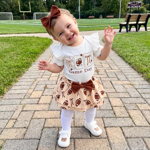 Newborn Baby Girl Football Outfit Game Day Rugby Romper Skirt Set | Ruffle Short Sleeve Crewneck Letter Embroidery Jumpsuit Print Layered Bow Shorts With Headhand 3pcs Infant Summer Clothes in Kuwait