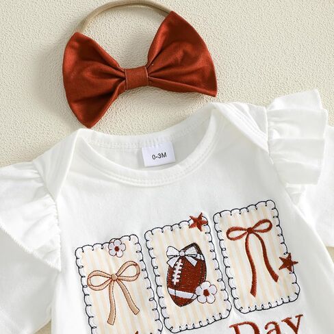 Newborn Baby Girl Football Outfit Game Day Rugby Romper Skirt Set | Ruffle Short Sleeve Crewneck Letter Embroidery Jumpsuit Print Layered Bow Shorts With Headhand 3pcs Infant Summer Clothes in Kuwait