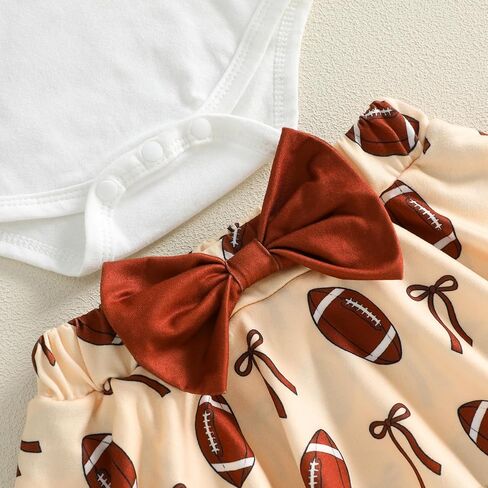 Newborn Baby Girl Football Outfit Game Day Rugby Romper Skirt Set | Ruffle Short Sleeve Crewneck Letter Embroidery Jumpsuit Print Layered Bow Shorts With Headhand 3pcs Infant Summer Clothes in Kuwait