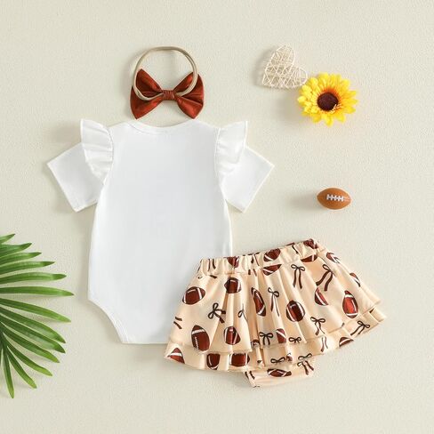 Newborn Baby Girl Football Outfit Game Day Rugby Romper Skirt Set | Ruffle Short Sleeve Crewneck Letter Embroidery Jumpsuit Print Layered Bow Shorts With Headhand 3pcs Infant Summer Clothes in Kuwait