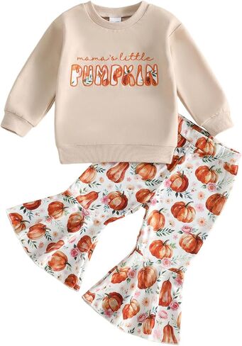 Toddler Girl Halloween Outfits Pumpkin Print Top Flared Pants | Pumpkin Letter Embroidery Crewneck Sweatshirt + Flare Pants; 70% cotton, 22% polyester, 8% elastane Top; Sizes 12M–5T in Saudi Arabia