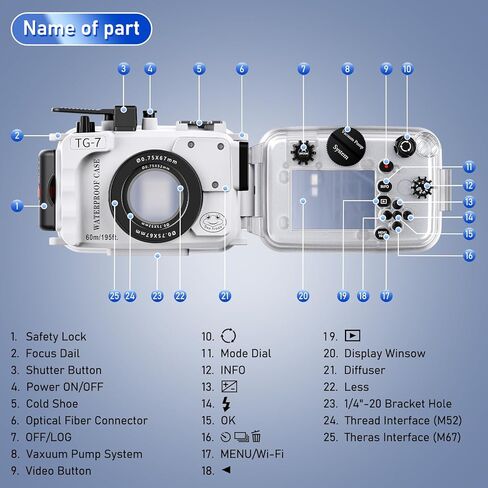 Seafrogs 60m/195ft Underwater Camera Housing for Olympus TG-7 – Waterproof Case with 52mm & 67mm Thread, Dual Fiber Optic Ports, Leak Detection, Stainless Steel Mounting Plate(TG-7 Wt) in Kuwait