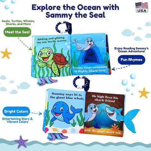 Soft Crinkle Cloth Book for Babies 0-18 Months – High Contrast Sensory Story Book with Teether, Mirror & Textures, Newborn Tummy Time Toy, Baby Shower for Boys & Girls – Sammy the Seal in Kuwait