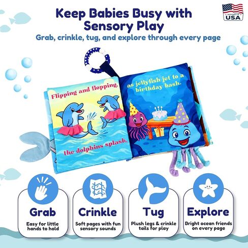 Soft Crinkle Cloth Book for Babies 0-18 Months – High Contrast Sensory Story Book with Teether, Mirror & Textures, Newborn Tummy Time Toy, Baby Shower for Boys & Girls – Sammy the Seal in Kuwait