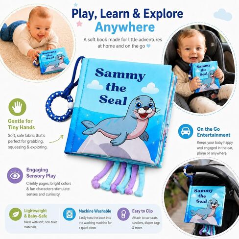 Soft Crinkle Cloth Book for Babies 0-18 Months – High Contrast Sensory Story Book with Teether, Mirror & Textures, Newborn Tummy Time Toy, Baby Shower for Boys & Girls – Sammy the Seal in Kuwait