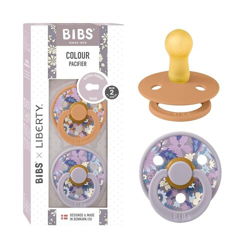 BIBS x Liberty Colour Pacifier, 6-18 Months, 2-Pack, June Blossom/Pumpkin | Round Natural Rubber Latex | Size 2 | BPA-Free | Made in Denmark | High Nipple Acceptance | Airflow Holes | Comfort Shield in Kuwait