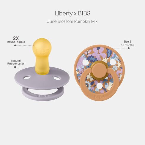 BIBS x Liberty Colour Pacifier, 6-18 Months, 2-Pack, June Blossom/Pumpkin | Round Natural Rubber Latex | Size 2 | BPA-Free | Made in Denmark | High Nipple Acceptance | Airflow Holes | Comfort Shield in Kuwait
