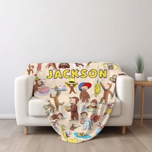 Personalized Curious George Character Blanket, Custom Name Design, Kids Decorative Bedding, Birthday Gift (Monkey 06) in Kuwait