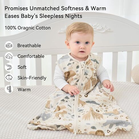 Unnivoll Baby Sleep Sack 0-6 Months 1.0 Tog Baby Wearable Blanket 100% Cotton Sleeping Sack with 2-Way Zipper for Infant Newborn Apricot & Gray Elephant in Kuwait