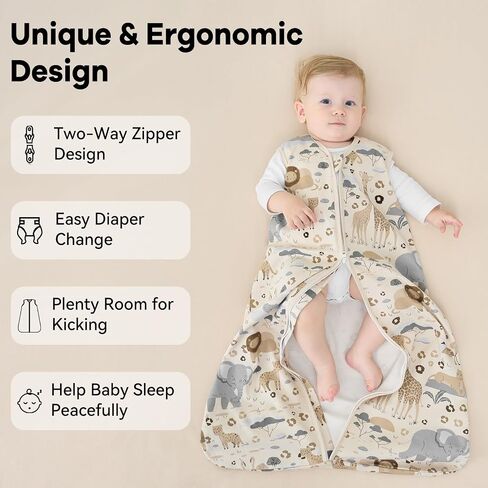 Unnivoll Baby Sleep Sack 0-6 Months 1.0 Tog Baby Wearable Blanket 100% Cotton Sleeping Sack with 2-Way Zipper for Infant Newborn Apricot & Gray Elephant in Kuwait