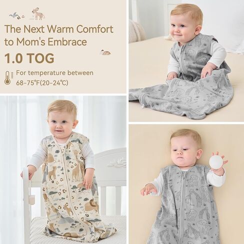 Unnivoll Baby Sleep Sack 0-6 Months 1.0 Tog Baby Wearable Blanket 100% Cotton Sleeping Sack with 2-Way Zipper for Infant Newborn Apricot & Gray Elephant in Kuwait