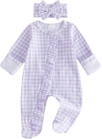 Thorn Tree Fall Baby Girl Clothes Long Sleeve Romper Ruffle Jumpsuit Bow Headband Newborn Infant Footies Cute Outfits in Kuwait