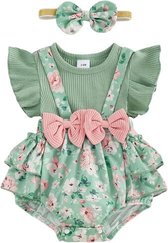Newborn Baby Girl Floral Romper Onesie Dress Ruffle Bodysuit Summer Outfit | Ruffle Sleeve Ribbed Playsuit,Shorts Jumpsuit,newborn girl clothes summer,vestidos para bebes de 6-9 meses,two-piece in Kuwait