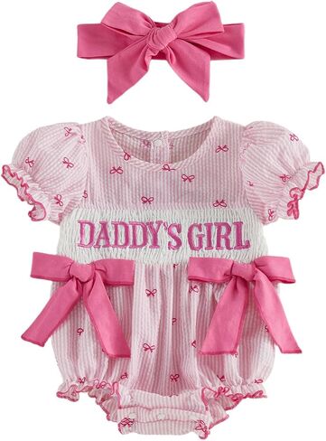 Afunbaby Baby Girls Summer Clothes Mama's Girl Romper Letter Ruffle Short Sleeve Jumpsuit Infant Girl Headband Outfits in Kuwait