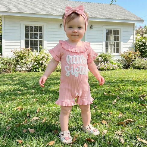 allshope Newborn Baby Girl Summer Outfit Romper Letter Embroidery Ruffle Trim Doll CollarJumpsuit Bodysuit Infant Clothes in Kuwait