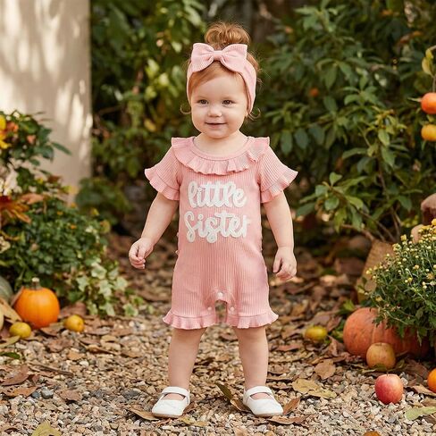 allshope Newborn Baby Girl Summer Outfit Romper Letter Embroidery Ruffle Trim Doll CollarJumpsuit Bodysuit Infant Clothes in Kuwait