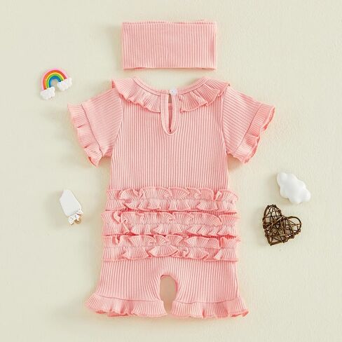 allshope Newborn Baby Girl Summer Outfit Romper Letter Embroidery Ruffle Trim Doll CollarJumpsuit Bodysuit Infant Clothes in Kuwait