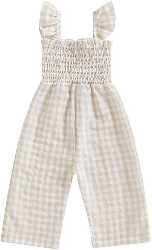 Toddler Girls Gingham Jumpsuit Ruffle Flutter Strap Smocked Sleeveless Wide Leg Romper Summer Casual Outfit 6M-3T in Kuwait