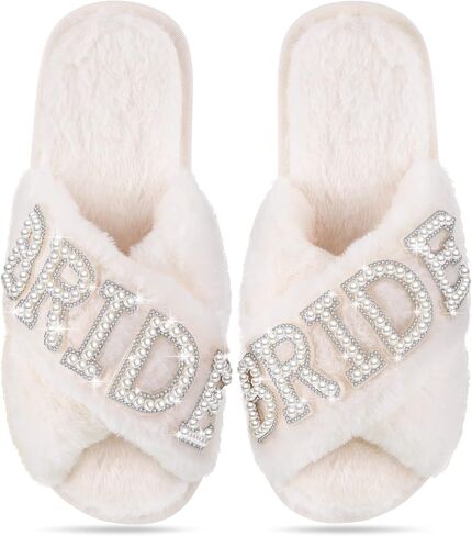 Jiuguva Bride Slippers for Wedding Day Bachelorette Party Women | White Soft Plush, Fluffy Cross Band Rhinestone, Bridesmaid Mother of The Bride Bridal Gifts in Kuwait