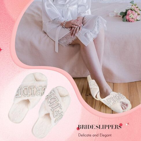 Jiuguva Bride Slippers for Wedding Day Bachelorette Party Women | White Soft Plush, Fluffy Cross Band Rhinestone, Bridesmaid Mother of The Bride Bridal Gifts in Kuwait