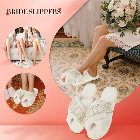 Jiuguva Bride Slippers for Wedding Day Bachelorette Party Women | White Soft Plush, Fluffy Cross Band Rhinestone, Bridesmaid Mother of The Bride Bridal Gifts in Kuwait
