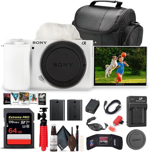 Sony ZV-E10 Mirrorless Camera (Body Only, White) (ILCZV-E10/W) + 64GB Card + Photo Software + Bag + NPF-W50 Battery + External Charger + Card Reader + Flex Tripod + More in Kuwait