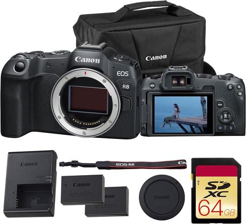 Canon EOS R8 Full-Frame Mirrorless Camera – 24.2MP, 4K60p Video, Dual Pixel AF II, Wi-Fi, Lightweight Body – Body Only (5803C002) + 64GB Memory Card + LP-E17 Battery + Canon Shoulder Bag in Kuwait