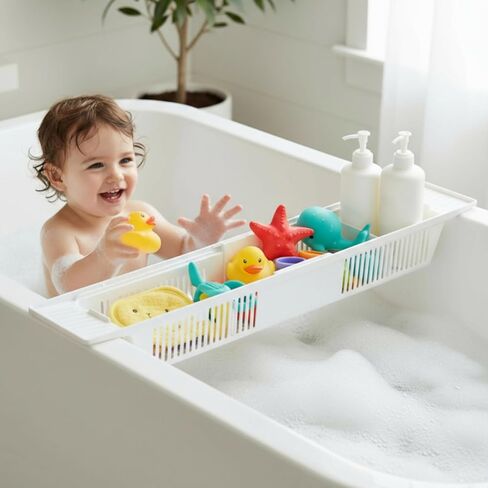 KidCo Bath Toy Organizer Storage Basket, 3 Compartment Horizontal Large Openings Bath Toy Organizer for Tub, Large Capacity Bath Toy Organizer with Large Openings, White in Kuwait