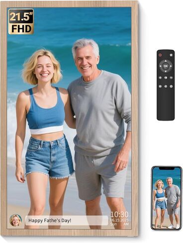 BSIMB 21.5 Inch Large Digital Picture Frame(Non-Touch Screen), 64GB 1920x1080 FHD WiFi Electronic Photo Frame Remote Control, Share Pictures/Videos via App/USB/SD Easy Setup Gifts for Mom, Light Wood in Kuwait