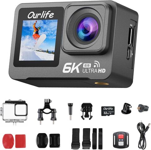 Ourlife 6K/30fps Action Camera Stunning Low-Light Imaging | Dual Screen Touch with 9:16 Vertical,170°Wide FOV,30M Waterproof Underwater Camera for Snorkeling EIS Remote Control(32GB) in Kuwait