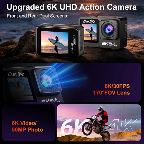 Ourlife 6K/30fps Action Camera Stunning Low-Light Imaging | Dual Screen Touch with 9:16 Vertical,170°Wide FOV,30M Waterproof Underwater Camera for Snorkeling EIS Remote Control(32GB) in Kuwait