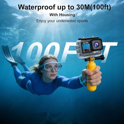 Ourlife 6K/30fps Action Camera Stunning Low-Light Imaging | Dual Screen Touch with 9:16 Vertical,170°Wide FOV,30M Waterproof Underwater Camera for Snorkeling EIS Remote Control(32GB) in Kuwait